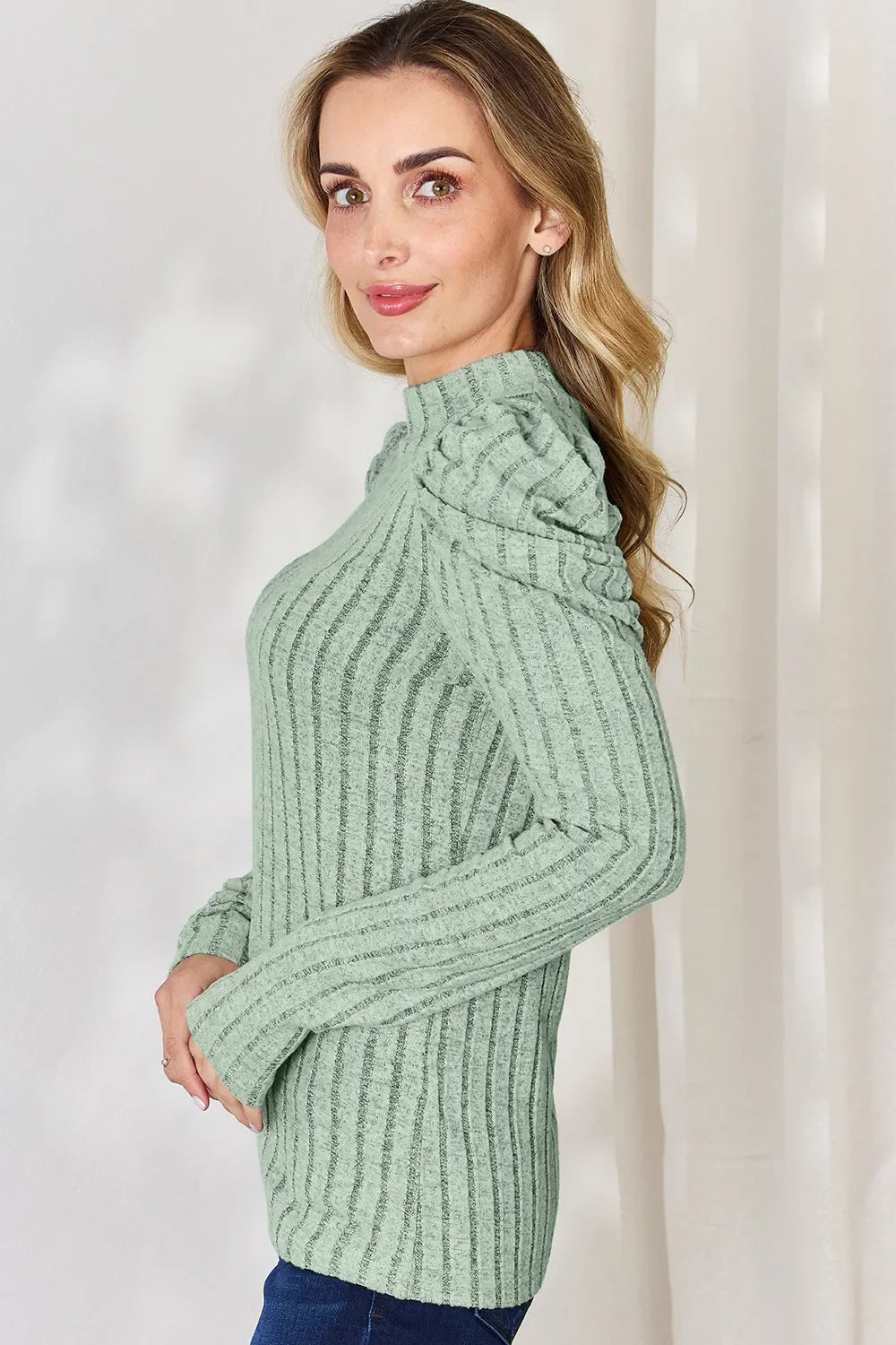 Basic Bae Full Size Ribbed Mock Neck Puff Sleeve T-Shirt ShopBasicbae