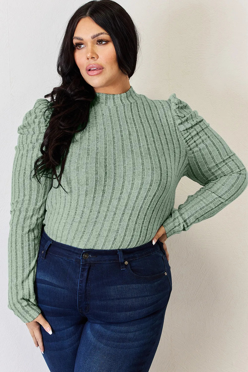 Basic Bae Full Size Ribbed Mock Neck Puff Sleeve T-Shirt ShopBasicbae