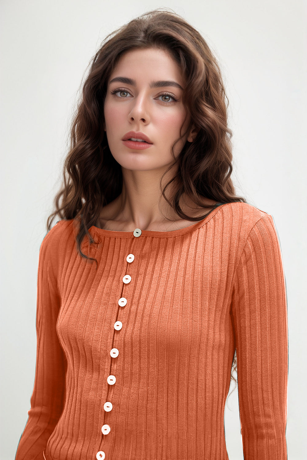 Basic Bae Texture Button Up Round Neck Long Sleeve Top ShopBasicbae