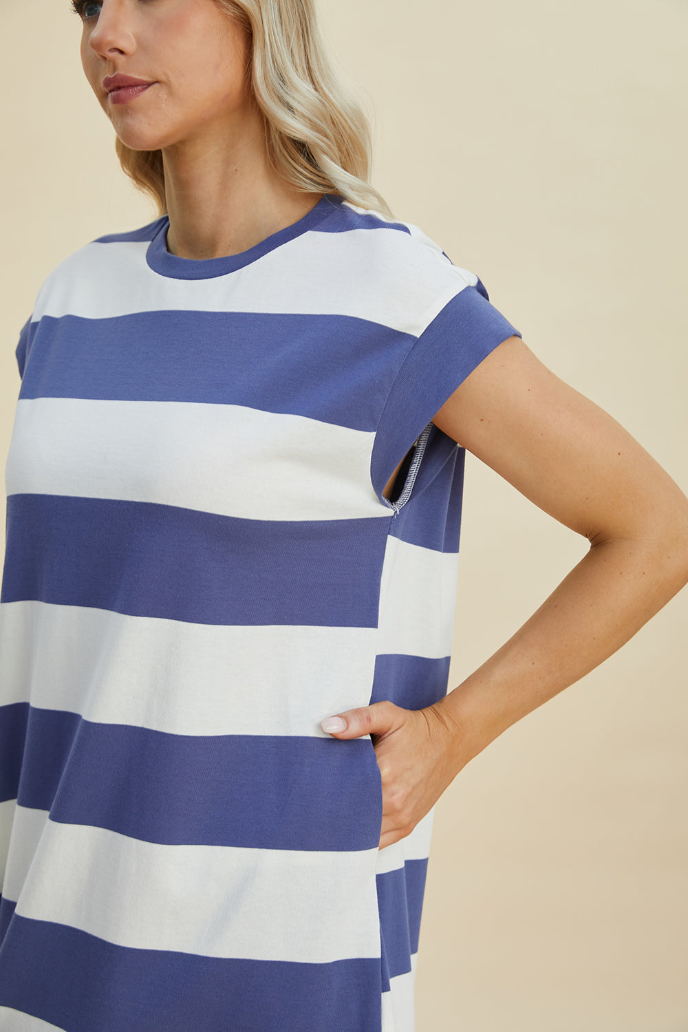 Basic Bae Full Size Striped Round Neck Cap Sleeve Mini Dress ShopBasicbae