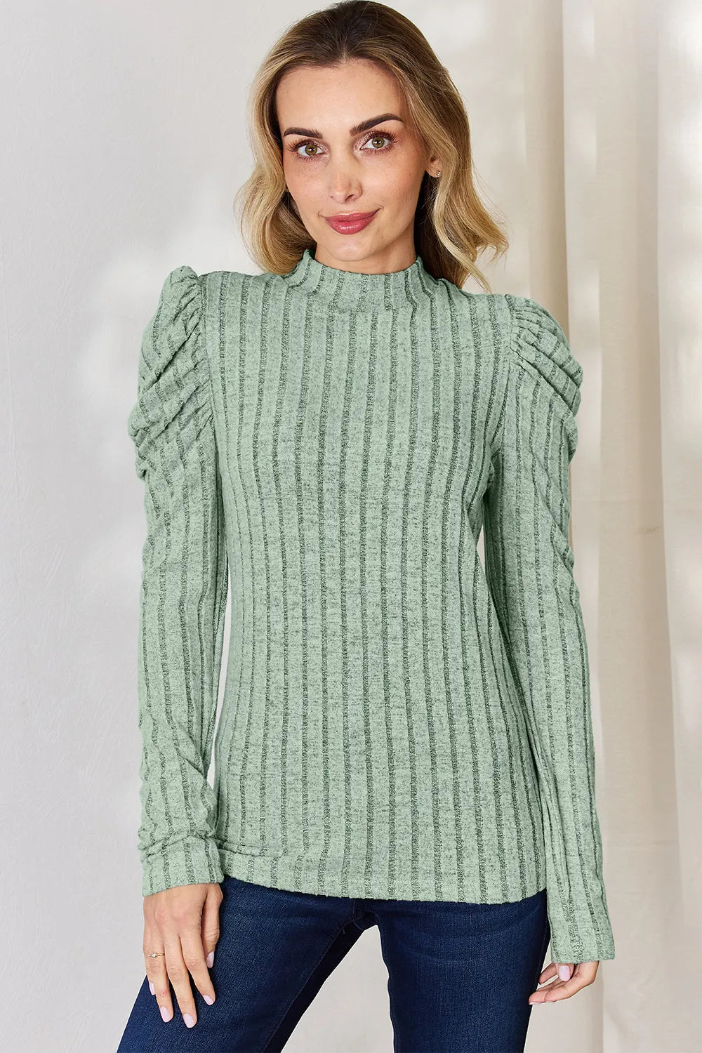 Basic Bae Full Size Ribbed Mock Neck Puff Sleeve T-Shirt ShopBasicbae