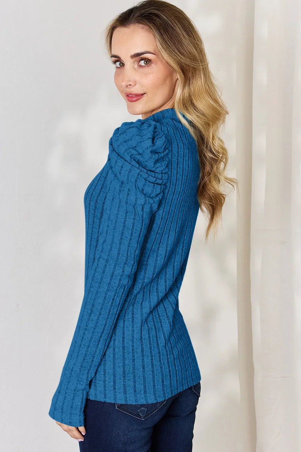 Basic Bae Full Size Ribbed Mock Neck Puff Sleeve T-Shirt ShopBasicbae