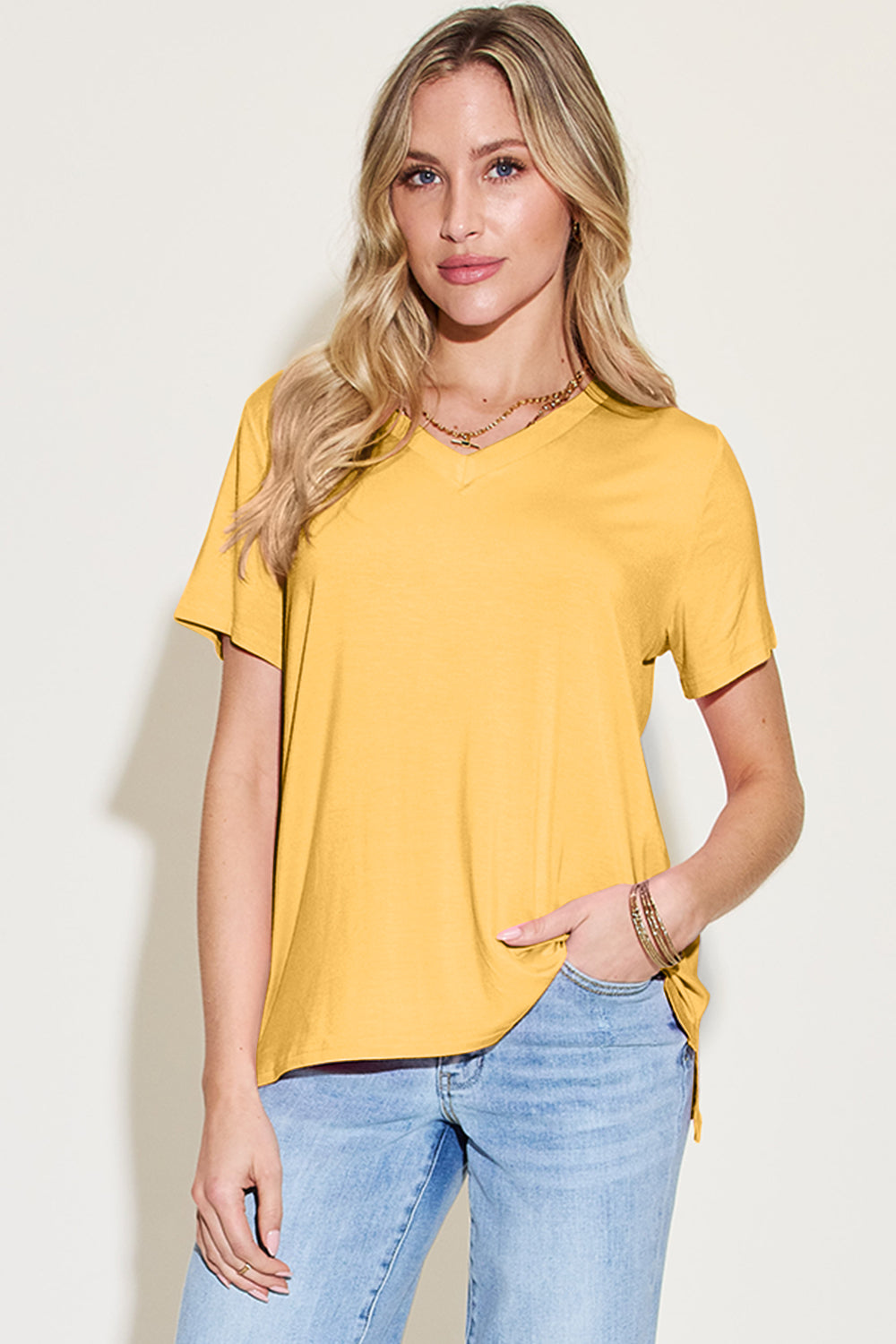 Basic Bae Bamboo Full Size V-Neck High-Low T-Shirt ShopBasicbae