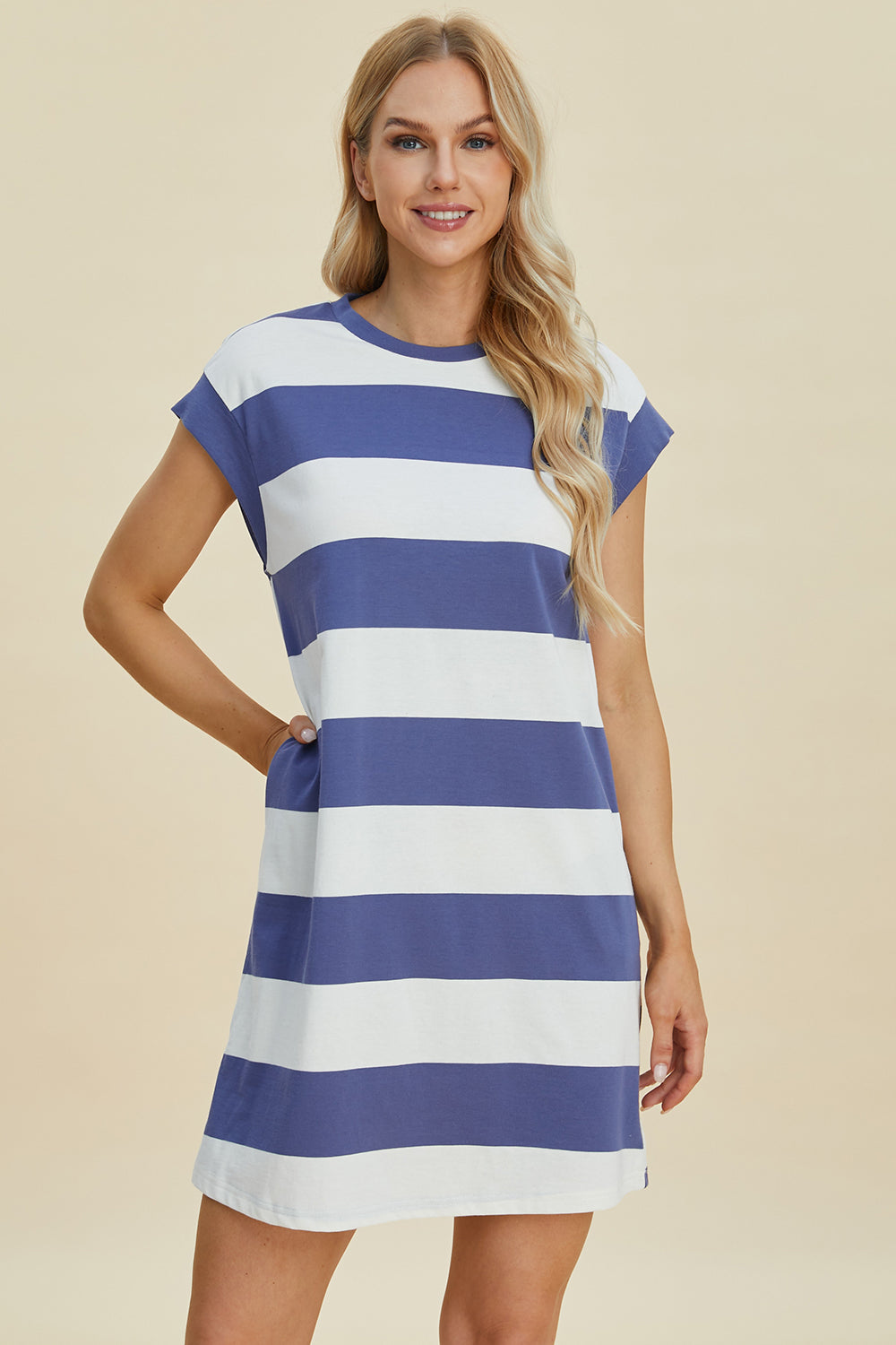 Basic Bae Full Size Striped Round Neck Cap Sleeve Mini Dress ShopBasicbae