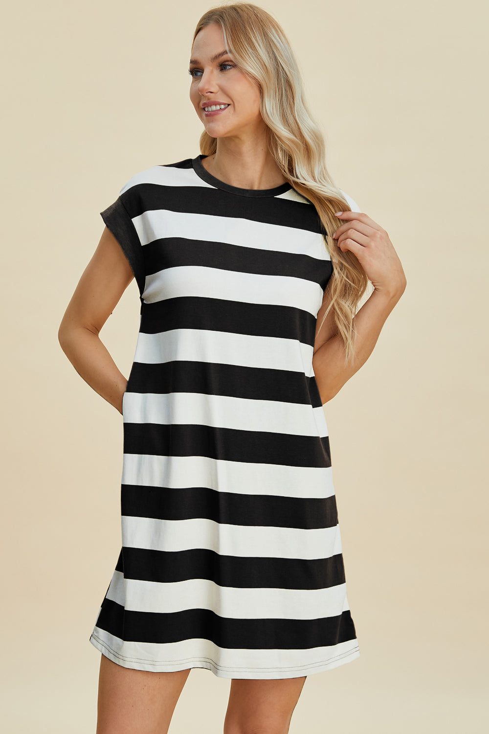 Basic Bae Full Size Striped Round Neck Cap Sleeve Mini Dress ShopBasicbae
