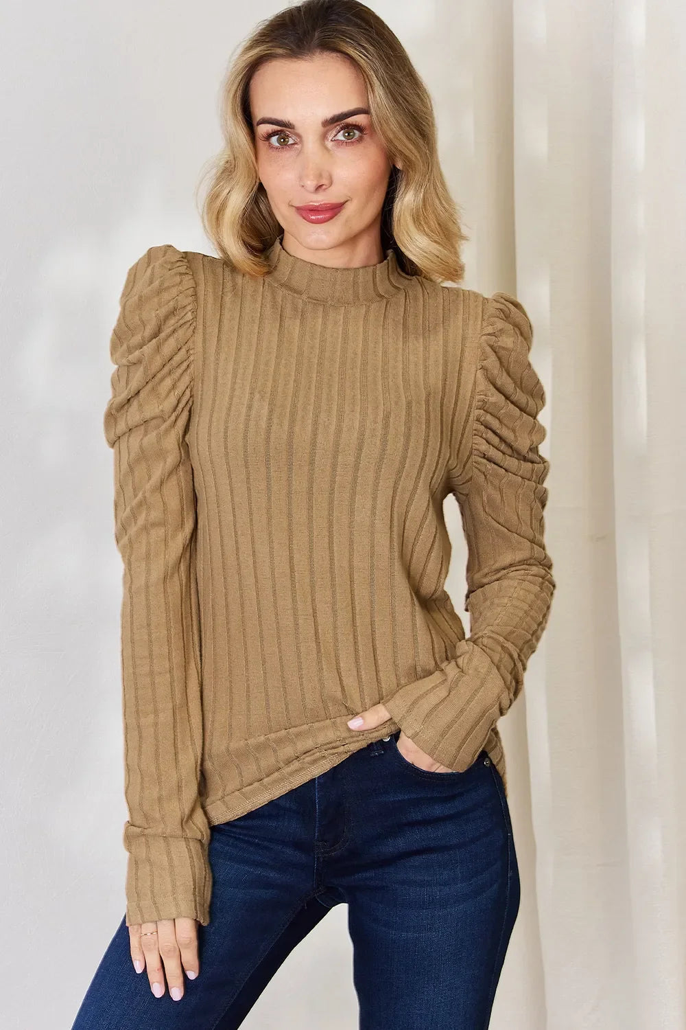 Basic Bae Full Size Ribbed Mock Neck Puff Sleeve T-Shirt ShopBasicbae
