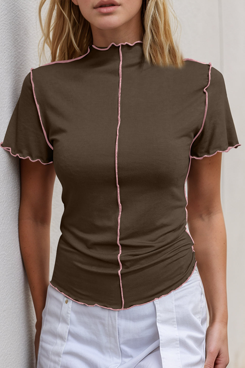 Basic Bae Contrast Trim Mock Neck Short Sleeve T-Shirt ShopBasicbae