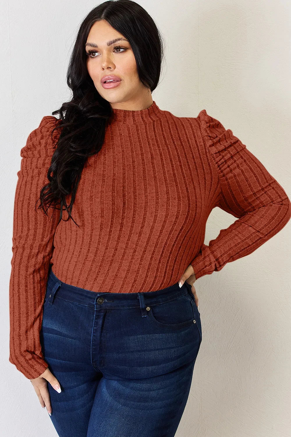 Basic Bae Full Size Ribbed Mock Neck Puff Sleeve T-Shirt ShopBasicbae
