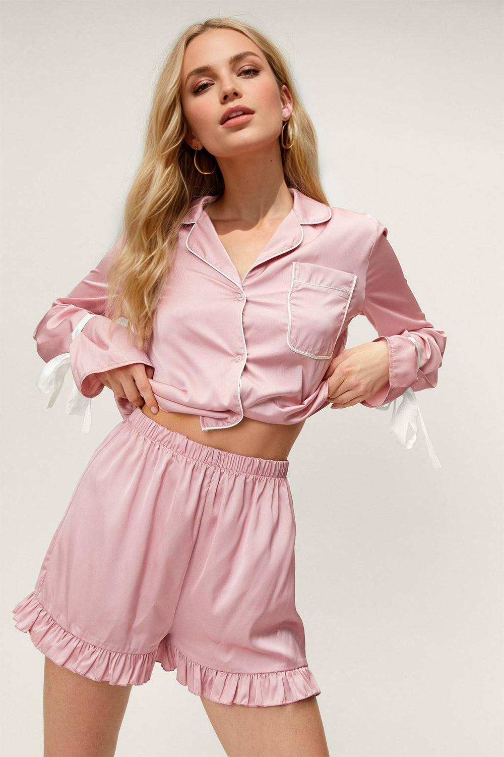 Basic Bae Tied Cuff Collared Neck Top and Frill Shorts Lounge Set ShopBasicbae