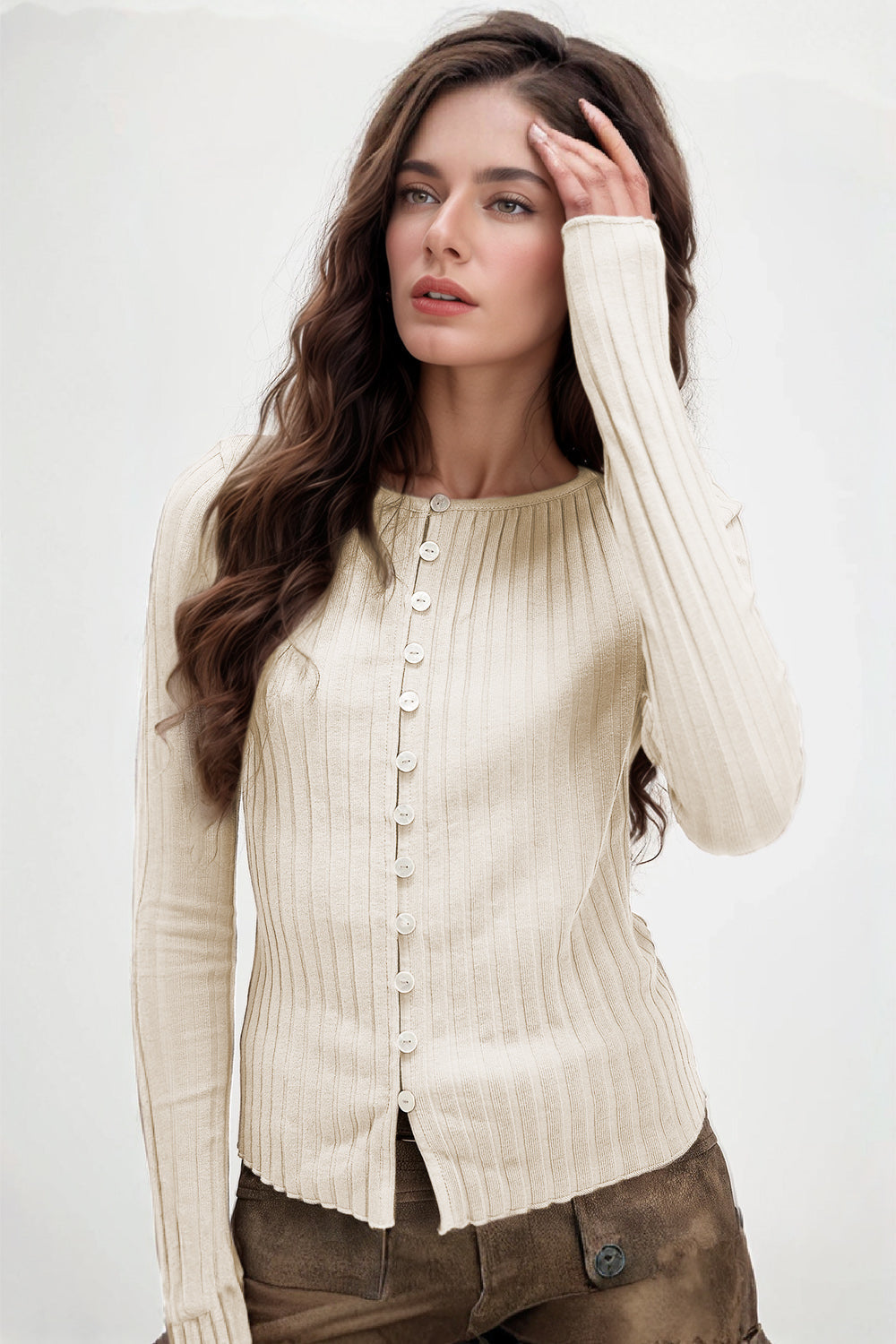 Basic Bae Texture Button Up Round Neck Long Sleeve Top ShopBasicbae