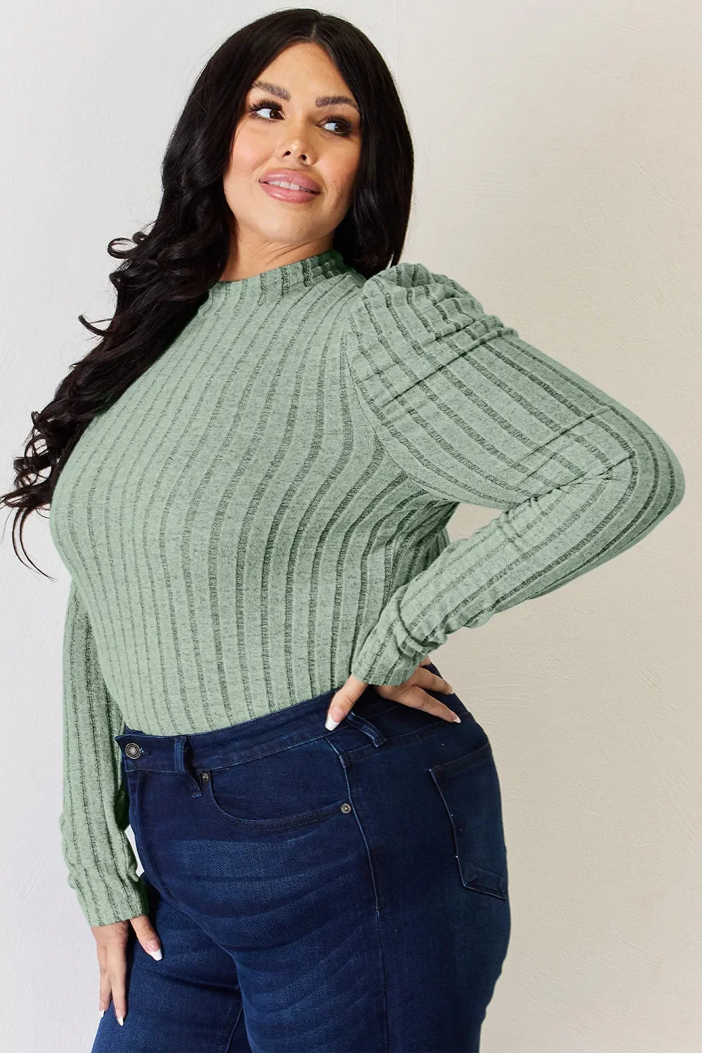 Basic Bae Full Size Ribbed Mock Neck Puff Sleeve T-Shirt ShopBasicbae