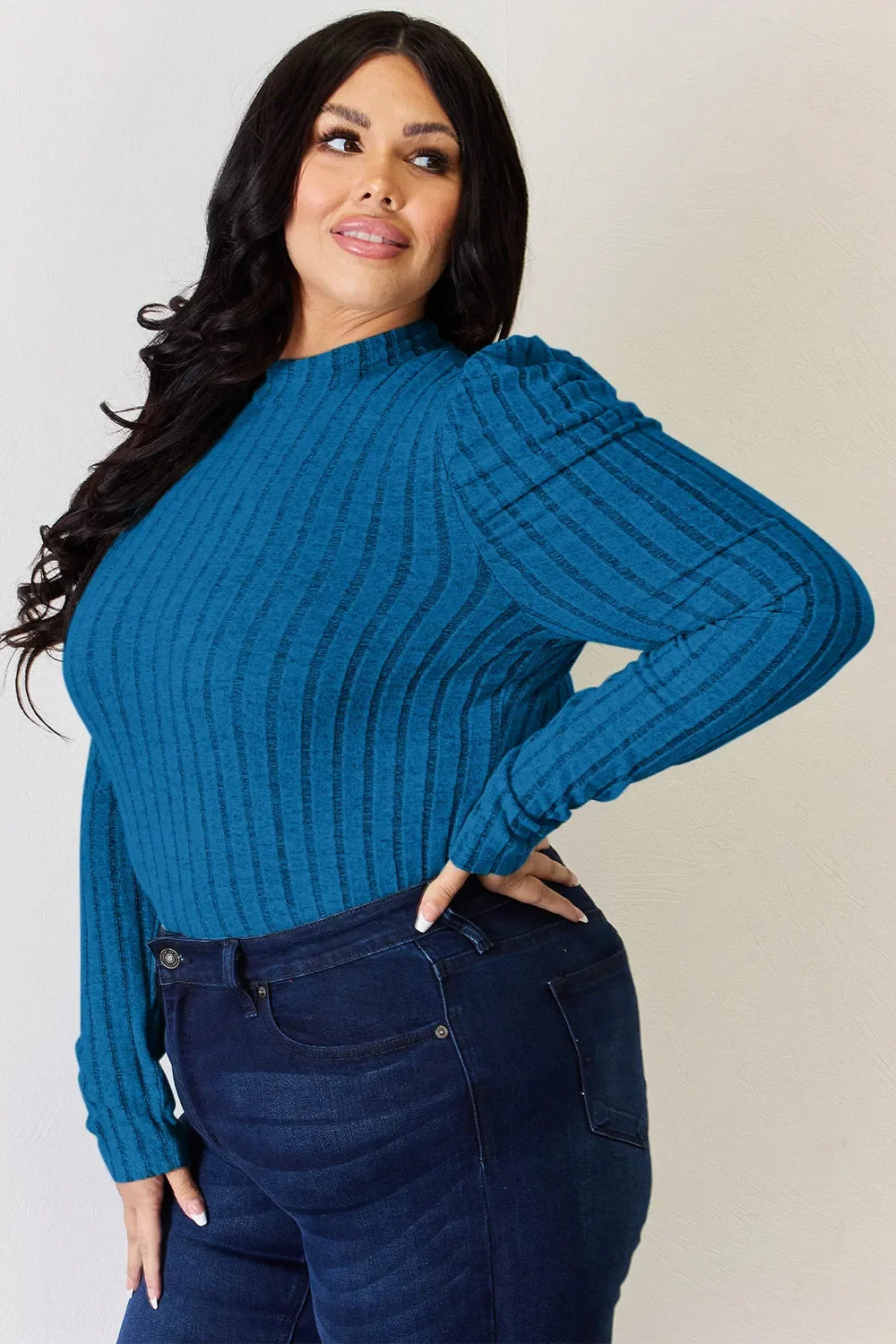 Basic Bae Full Size Ribbed Mock Neck Puff Sleeve T-Shirt ShopBasicbae