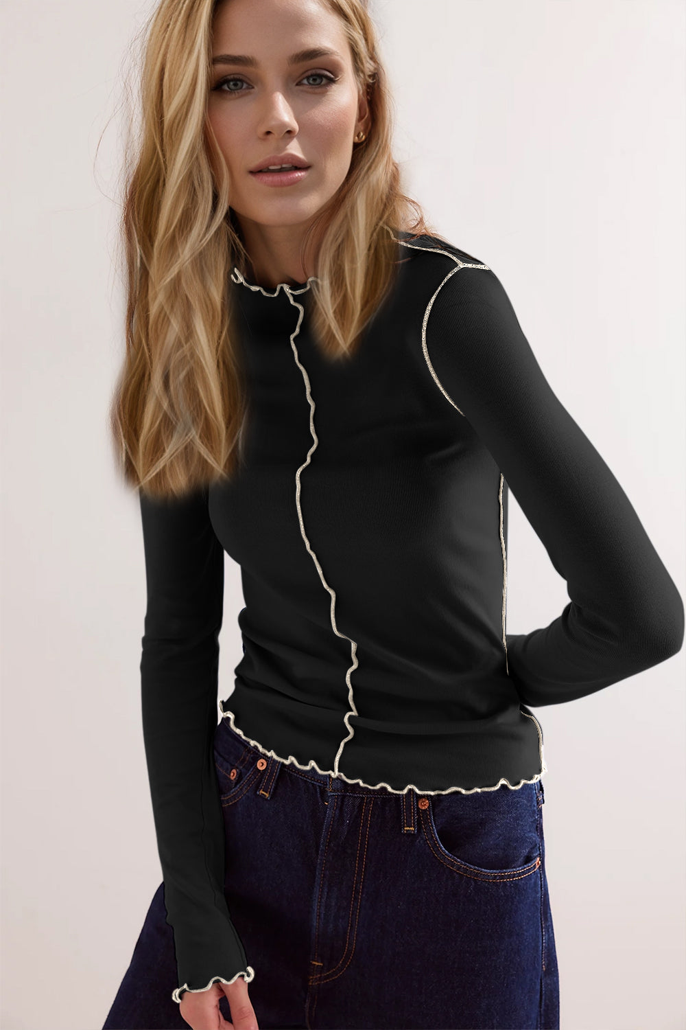 Basic Bae Contrast Trim Mock Neck Long Sleeve T-Shirt ShopBasicbae