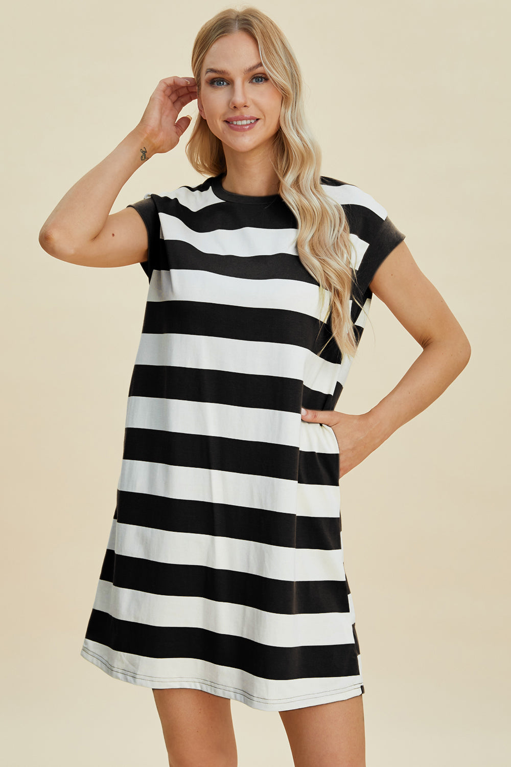 Basic Bae Full Size Striped Round Neck Cap Sleeve Mini Dress ShopBasicbae