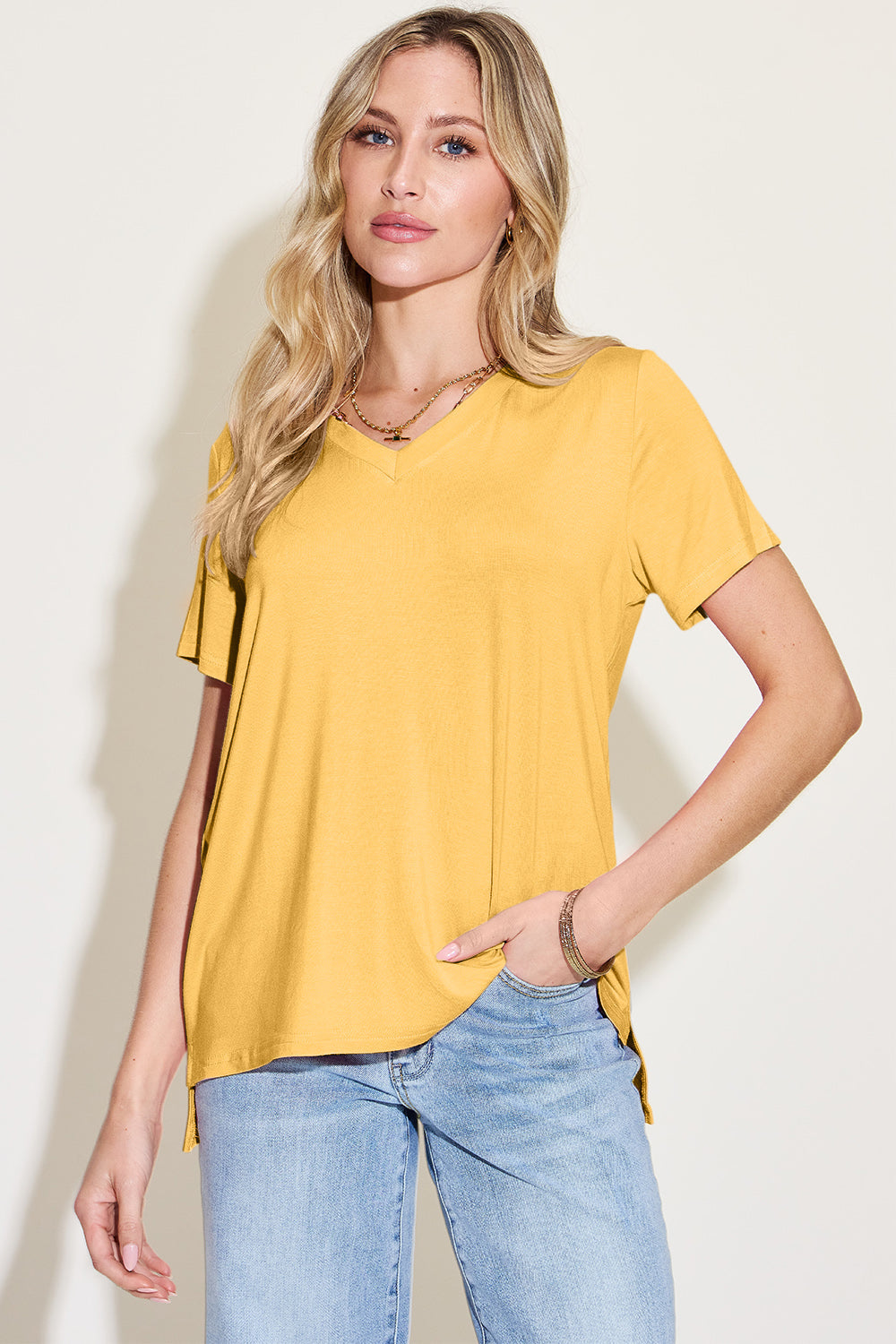 Basic Bae Bamboo Full Size V-Neck High-Low T-Shirt ShopBasicbae