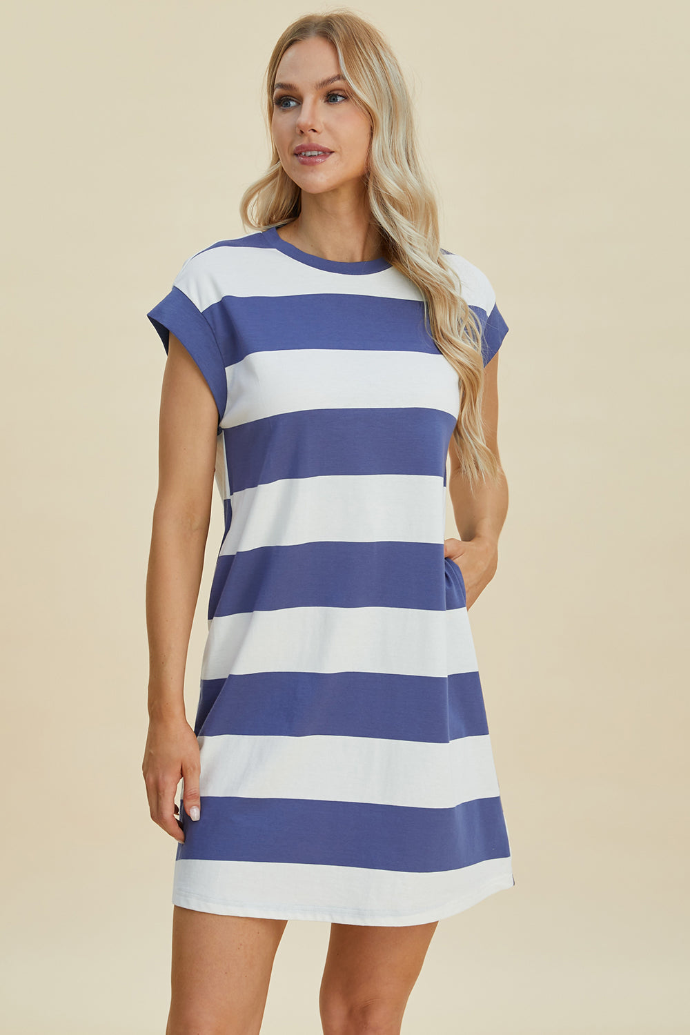 Basic Bae Full Size Striped Round Neck Cap Sleeve Mini Dress ShopBasicbae