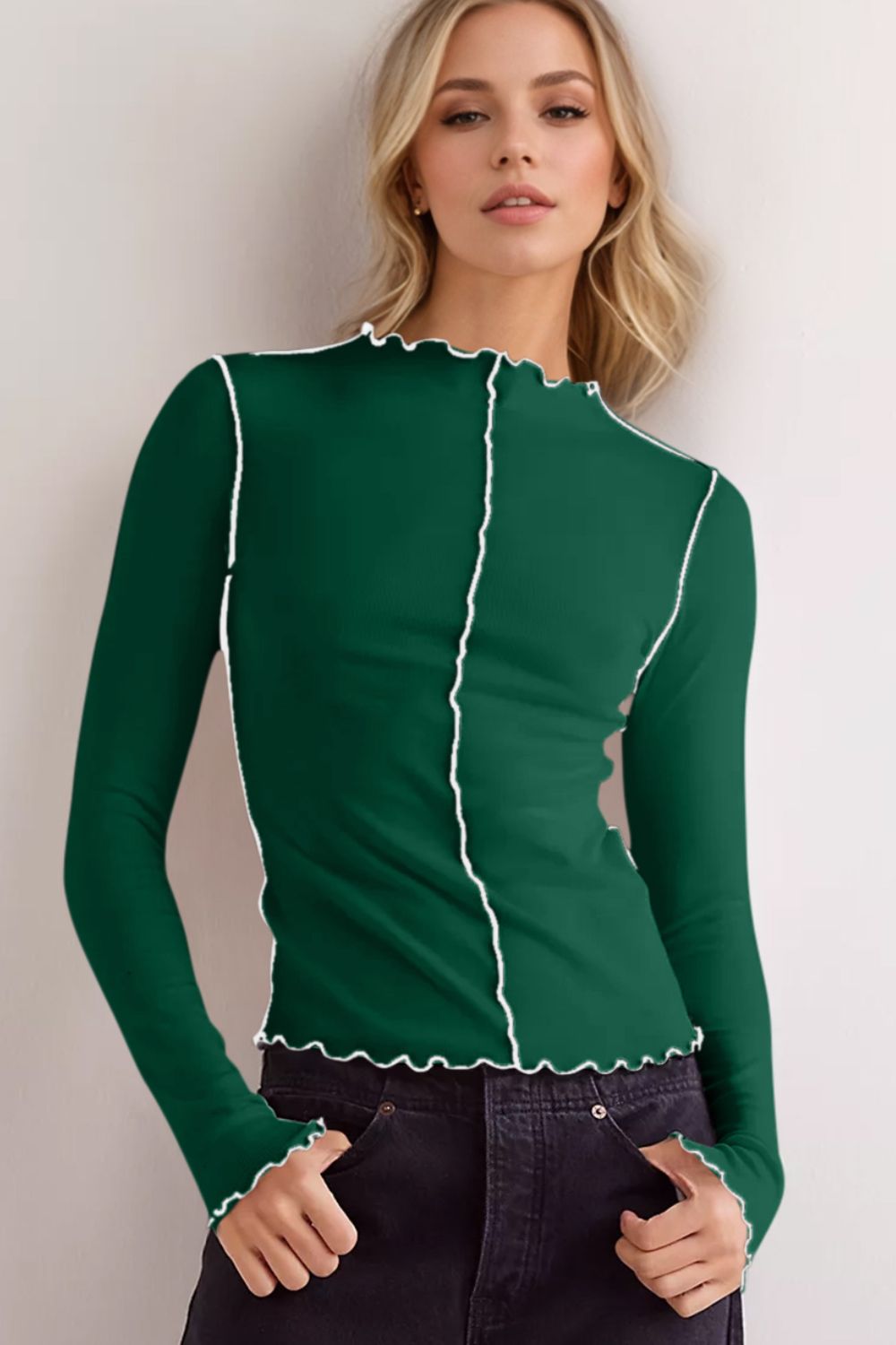 Basic Bae Contrast Trim Mock Neck Long Sleeve T-Shirt ShopBasicbae
