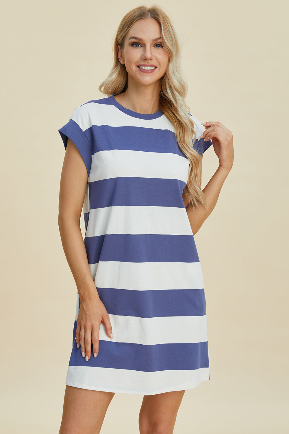 Basic Bae Full Size Striped Round Neck Cap Sleeve Mini Dress ShopBasicbae